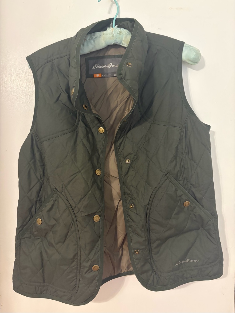 Eddie Bauer Quilted Olive Green Women's Vest with Snap Front